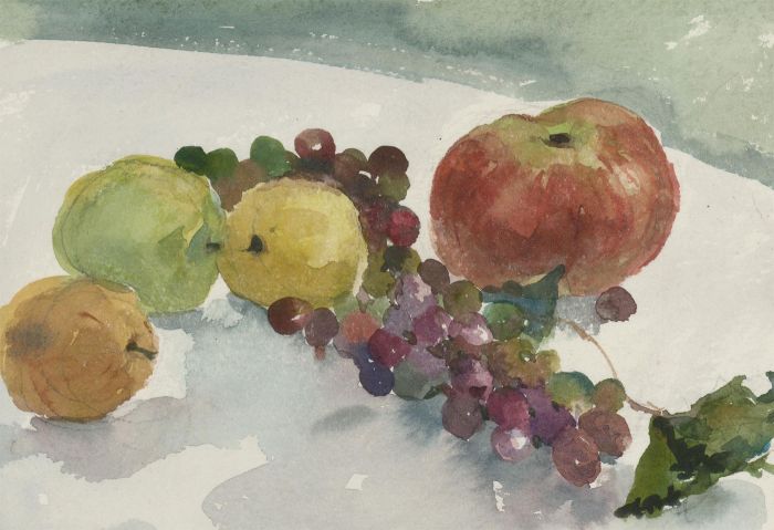 Ronald Olley (b.1923) - c. 2000 Watercolour, Still Life, Apples & Grapes