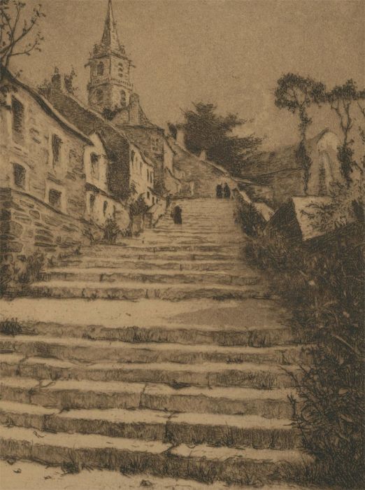 Van Weyenbergh Family Portfolio - 1934 Etching, Belgian Town Steps