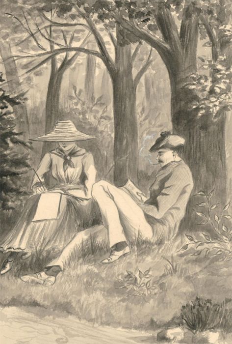R.B - 1886 Watercolour, Figures Sketching in a Wood