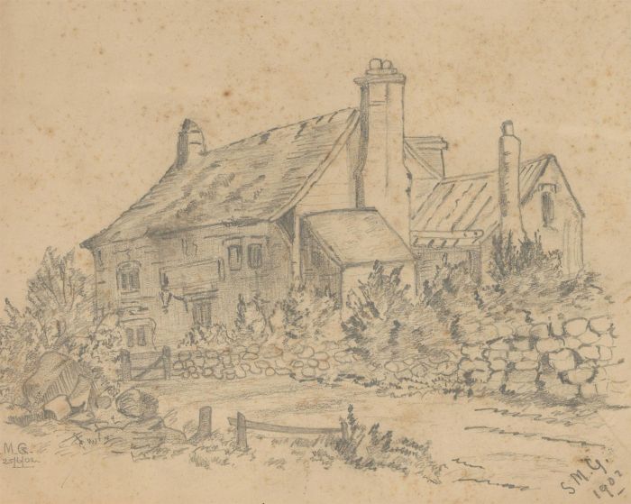 S.M.G - A Pair of 1902 Graphite Drawings. Cottage and Windmill