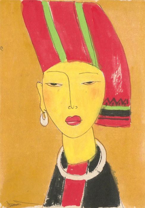 Contemporary Gouache - Woman with Red Head Scarf