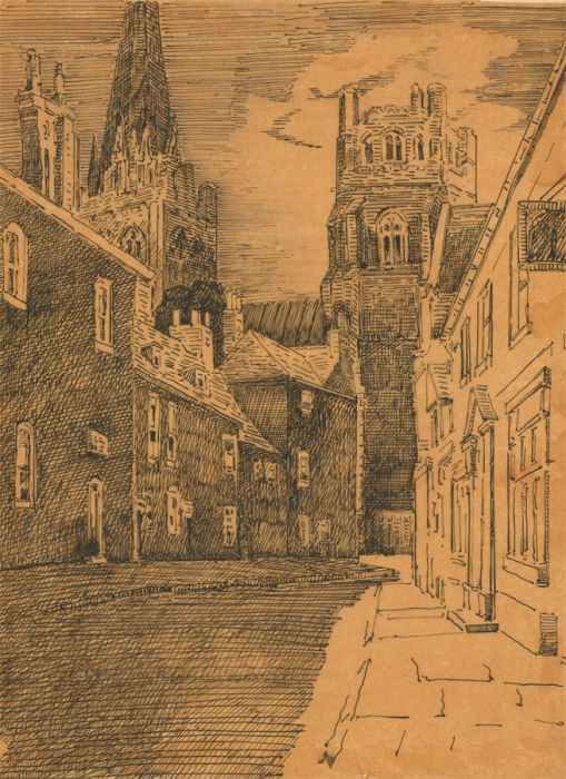 Early 20th Century Pen and Ink Drawing - Street Scene with Church