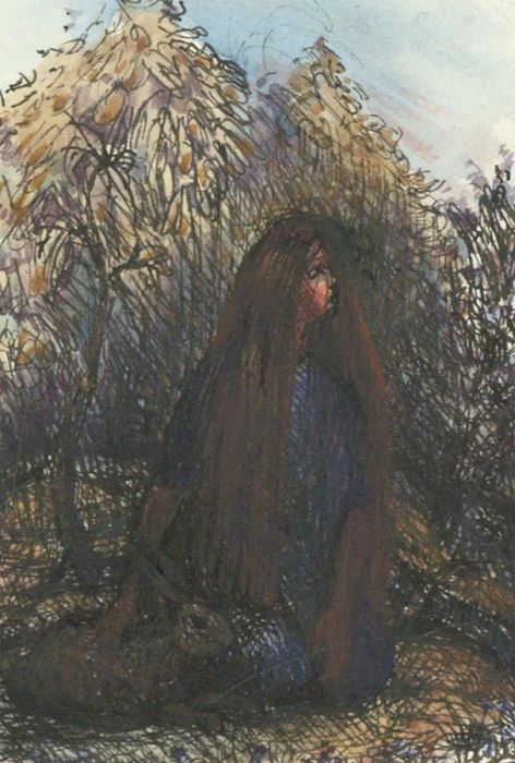 20th Century Pen and Ink Drawing - Young Girl with Rabbit