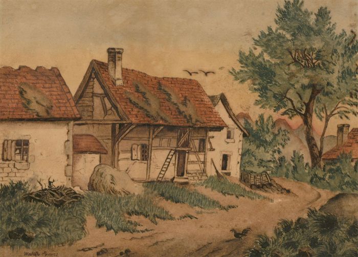 Walter Hours - Signed 1883 Pen and Ink Drawing, Rural Cottage Scene