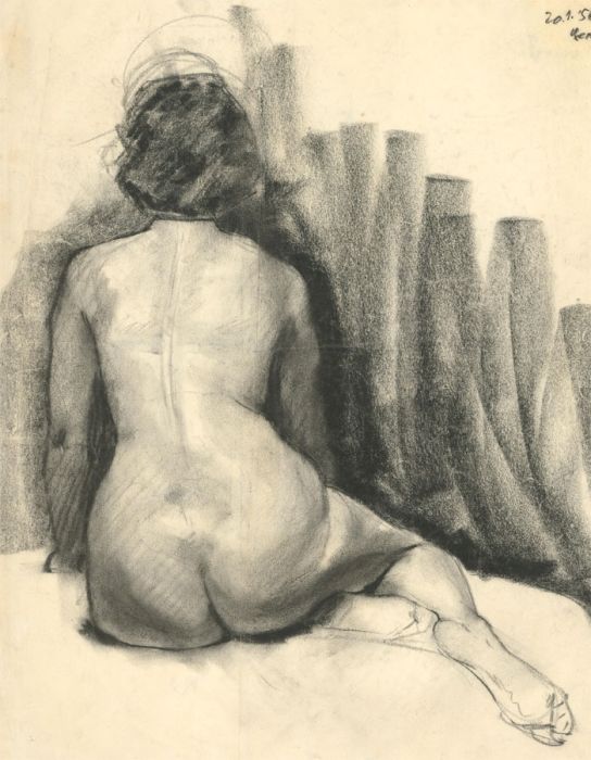 1956 Charcoal Drawing - Seated Female Nude