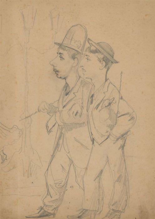 Early 20th Century Graphite Drawing - The Gentlemen's Stroll