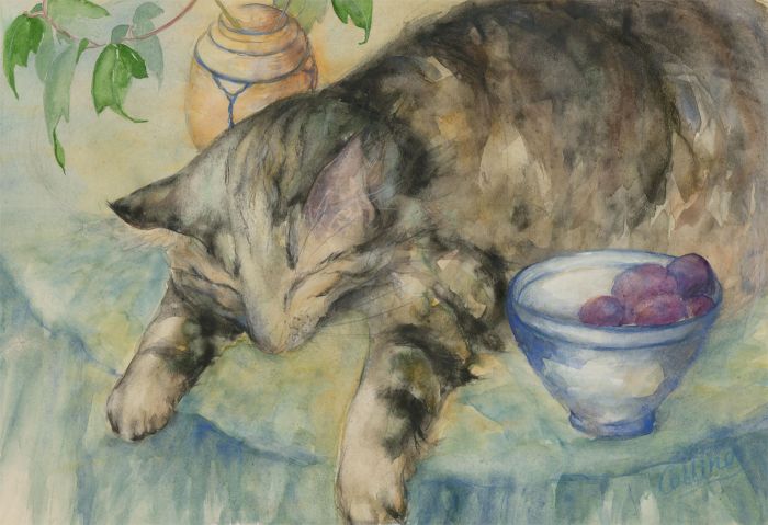 Julie Collino - Signed Mid 20th Century Watercolour, Resting Cat with Grapes