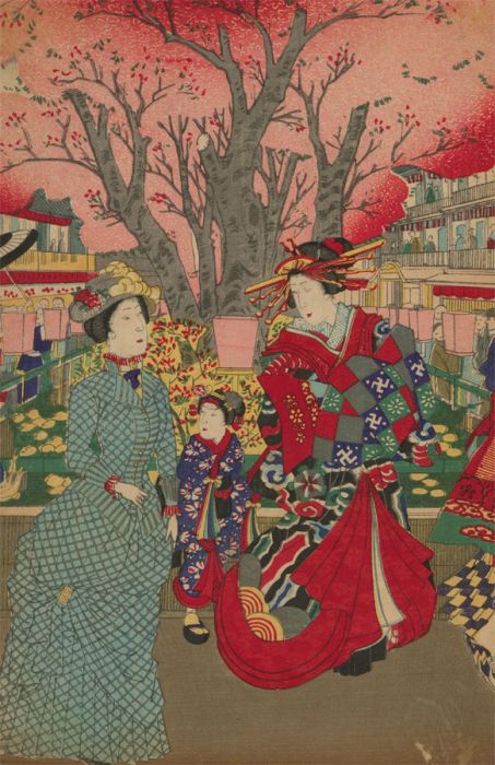 A Group of Five Late 19th Century Japanese Woodblocks - Genre Scenes with Ladies