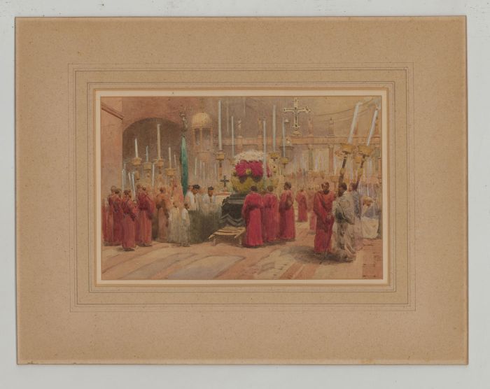 Fine Early 20th Century Watercolour - Catholic Funeral Interior