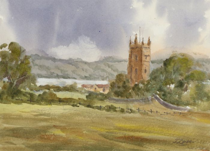 John A. Case - Signed Contemporary Watercolour, Rural Church Tower