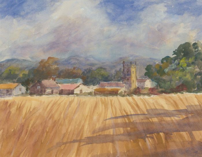 John A. Case - Contemporary Watercolour, Village Church from the Field