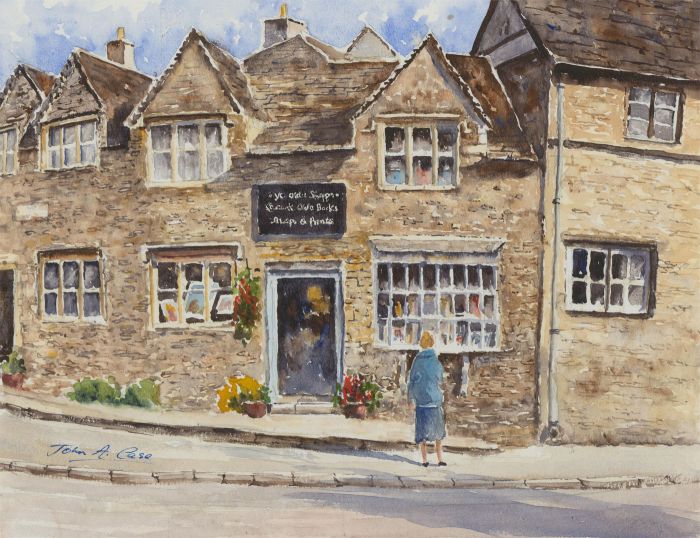 John A. Case - Signed Contemporary Watercolour, Olde Book Shoppe, Lacock