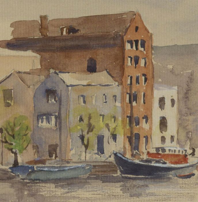 John A. Case - 20th Century Watercolour, Harbourside Buildings