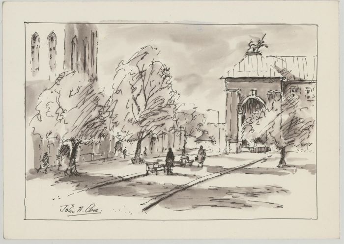 John A. Case - 1989 Pen and Ink Drawing, College Green, Bristol