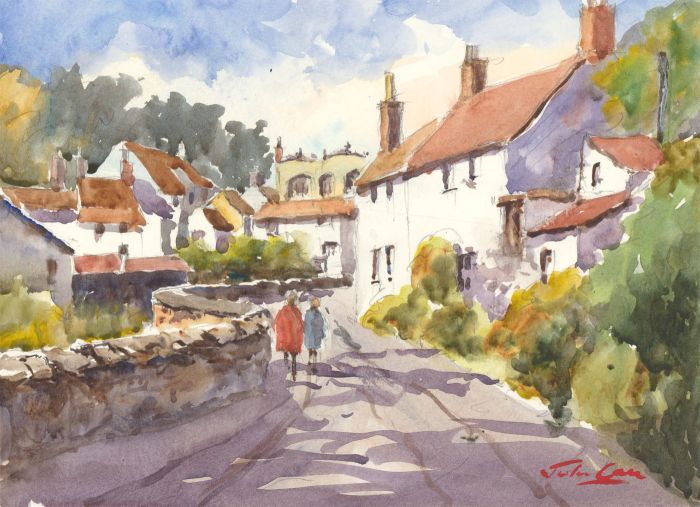 John A. Case - Contemporary Watercolour, Country Village Walkers
