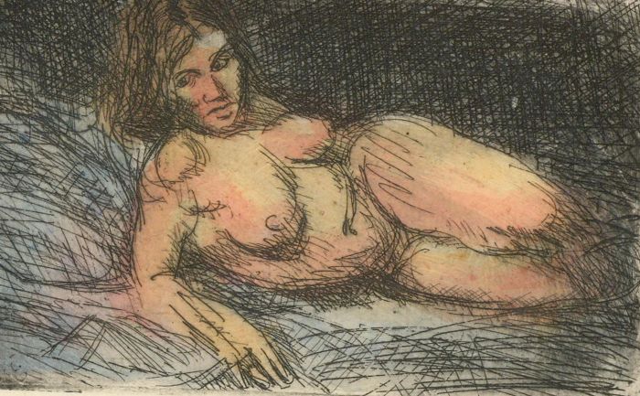 Ronald Olley (b.1923) - c. 2000 Etching, Reclining Female Nude in Colour