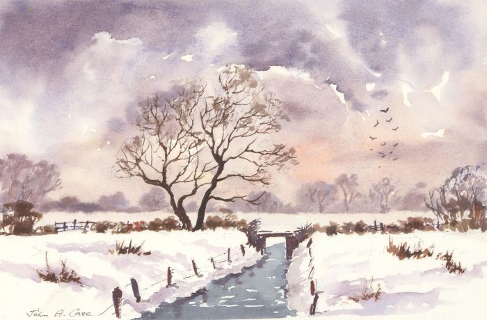 John A. Case - Signed Contemporary Watercolour, Somerset Levels In Winter