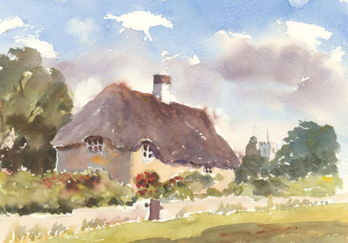 John A. Case - Contemporary Watercolour, Countryside Cottage Study