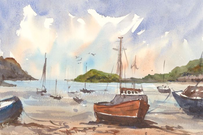 John A. Case - Contemporary Watercolour, Sunrise Beach Scene