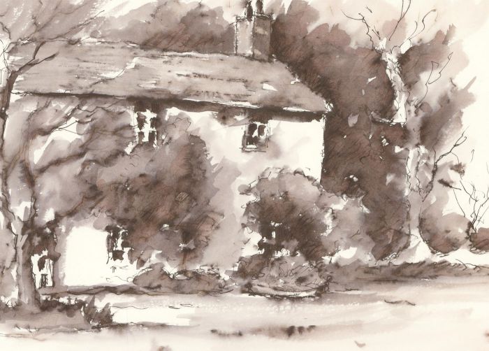 John A. Case - Contemporary Pen and Ink Drawing, Black and White Cottage