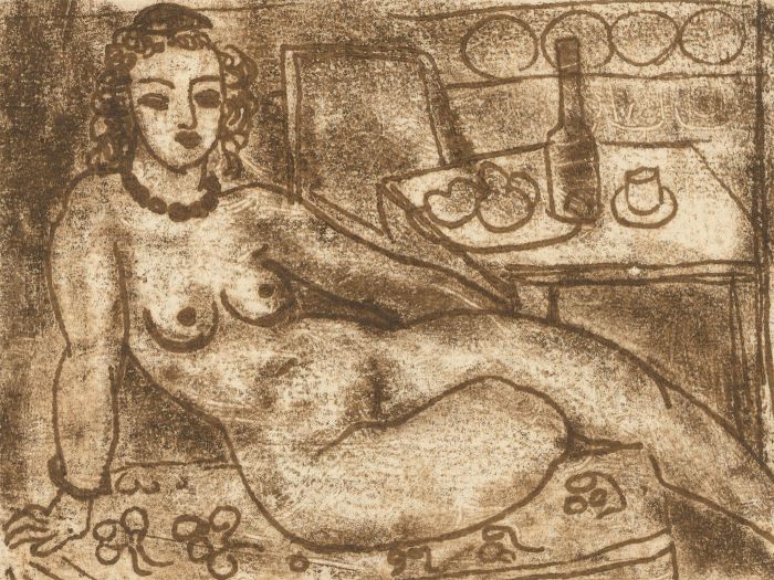 Zygmunt Turkiewicz (1913-1973)  - Monoprint, Nude in Floral Interior