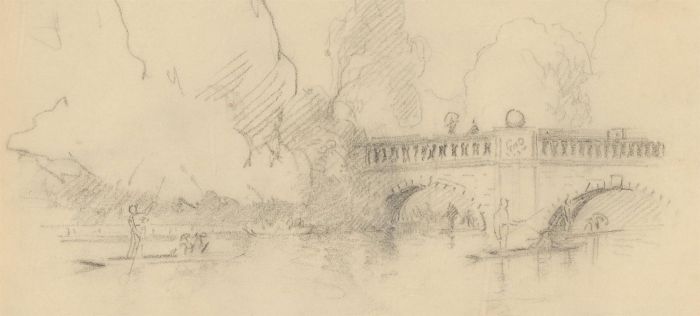 Early 20th Century Charcoal Drawing - River Punting