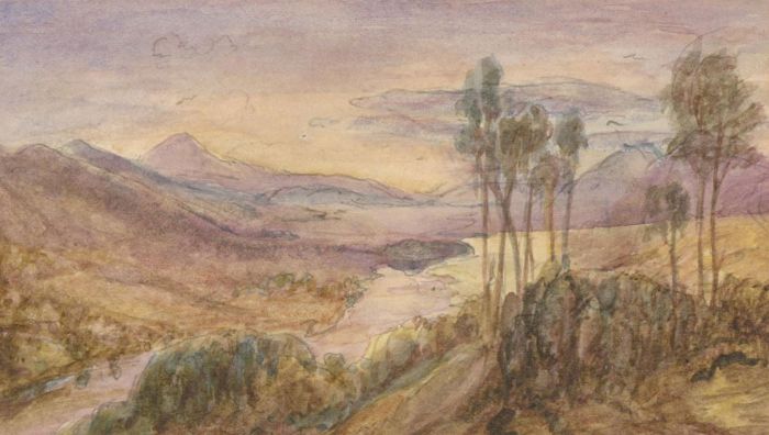 Continental Miniature - 19th Century Watercolour, Purple Hills