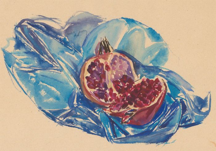A. Mendes - Mid 20th Century Gouache, Pomegranate with Blue Cloth