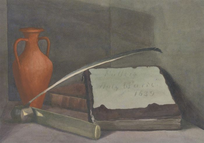 Amy F. Bridges - 1895 Watercolour, Still Life with Books