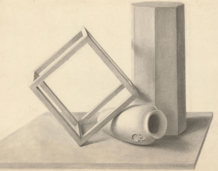 Amy F. Bridges - Signed 1895 Charcoal Drawing, Geometric Still Life