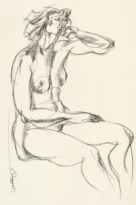 A. Mendes - Signed 1971 Pen and Ink Drawing, Sitting Nude