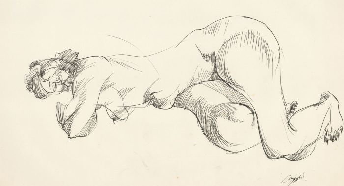 A. Mendes - Signed 1971 Pen and Ink Drawing, Sorrowful Nude