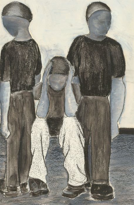Angela Hayes - Signed Contemporary Charcoal Drawing, Portrait of Three Figures