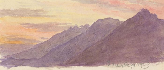 Signed 1903 Watercolour - Mountains at Sunset