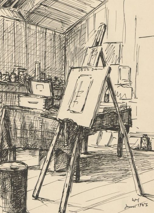 W.H - 1947 Pen and Ink Drawing, Study of an Artist's Studio