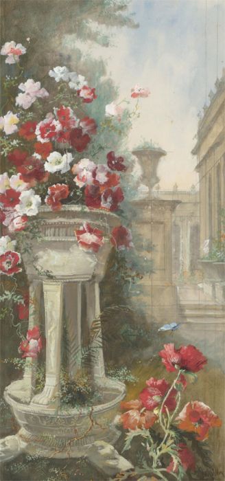 20th Century Gouache - The Garden Urn with Poppies