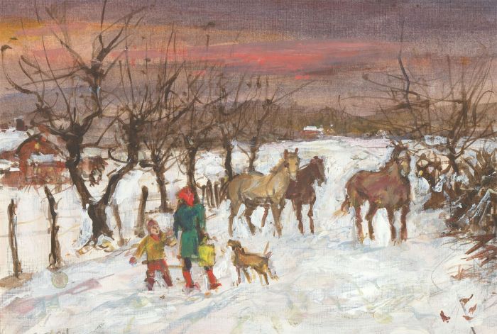 Ronald Olley (b.1923) - c. 2000 Oil, Horses in the Snow