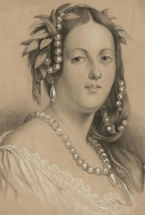 Mid 19th Century Charcoal Drawing - Portrait of a Lady with Pearl Jewelry