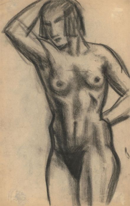 1925 Charcoal Drawing - Posing Standing Nude Study
