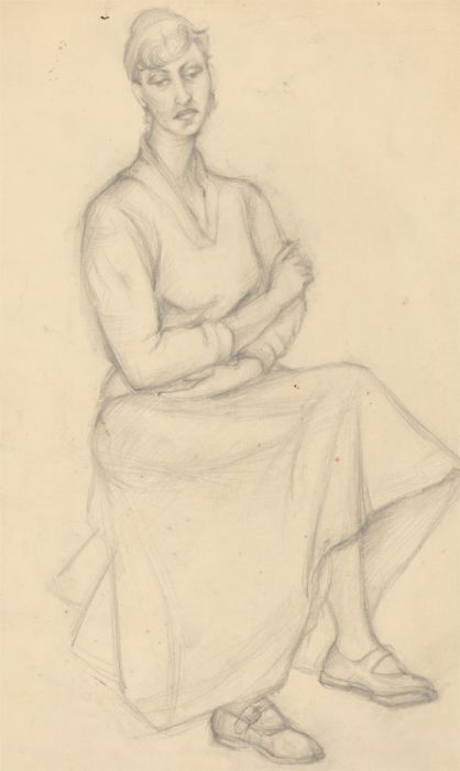 Mid 20th Century Graphite Drawing - Portrait of a Lady with a Long Skirt