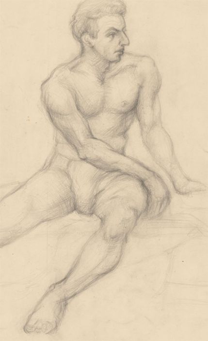 Mid 20th Century Graphite Drawing - Seated Nude Study of a Male