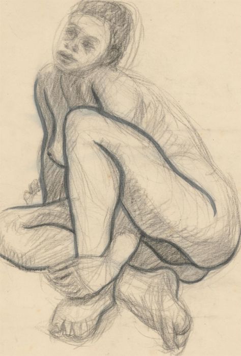 Mid 20th Century Charcoal Drawing - Crouching Nude