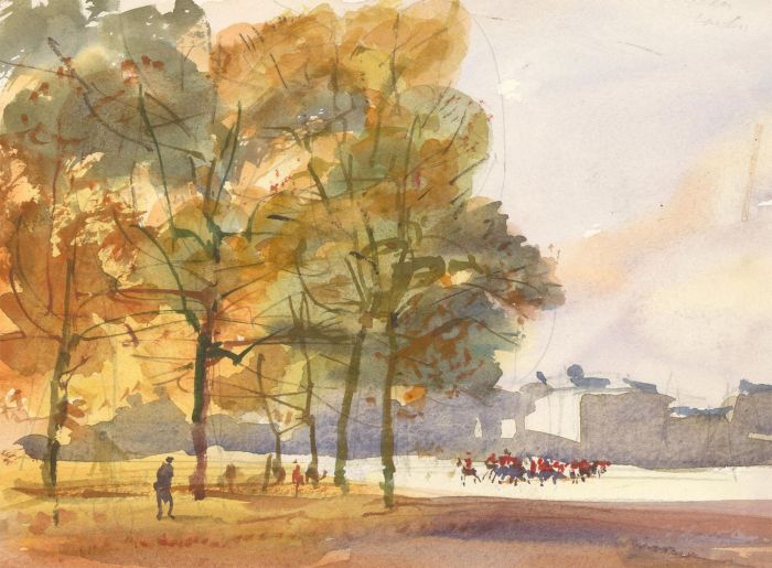 Ronald Olley (b.1923) - c. 2000 Watercolour, Guards Riding Horses in a Park