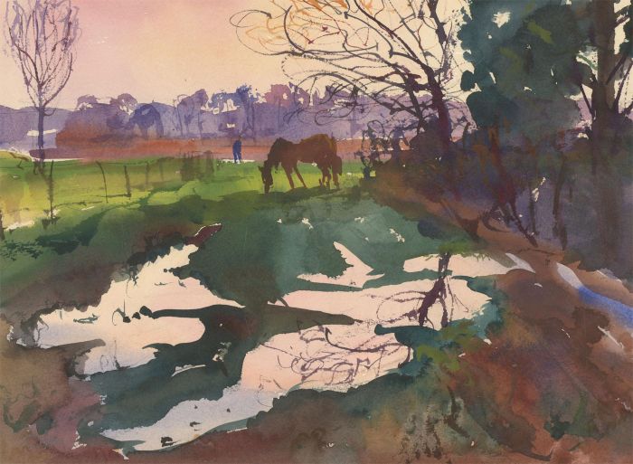Ronald Olley (b.1923) - Double Sided c. 2000 Watercolour, Horse in a Muddy Field