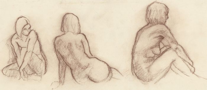 20th Century Chalk Drawing - Three Nude Studies