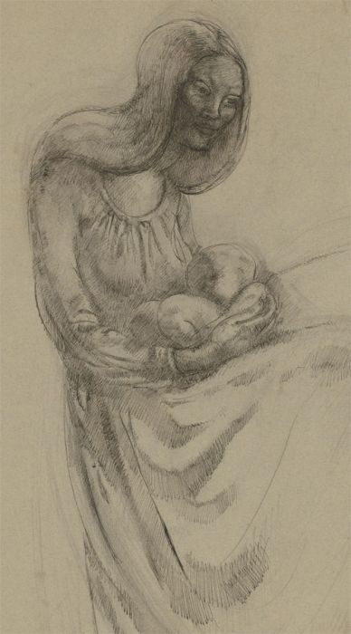 Mid 20th Century Pen and Ink Drawing - Mother and Child