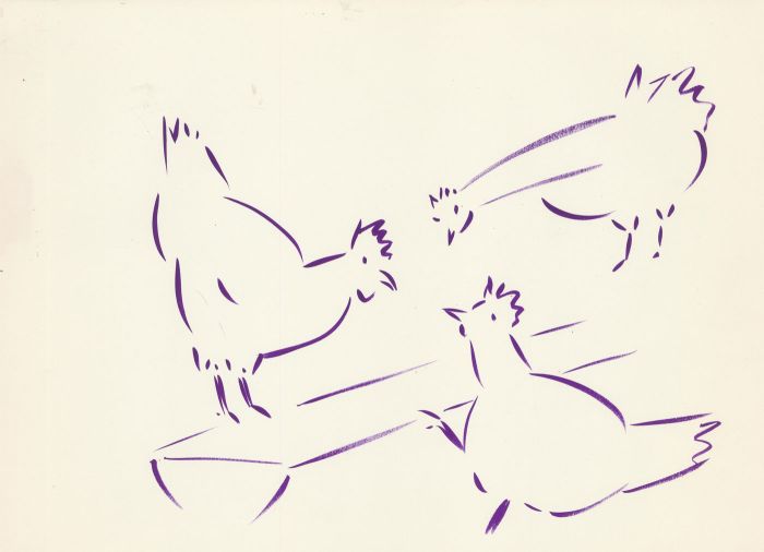 Arthur Mitson - Set of Two Mid 20th Century Gouaches, Purple Chickens Feeding