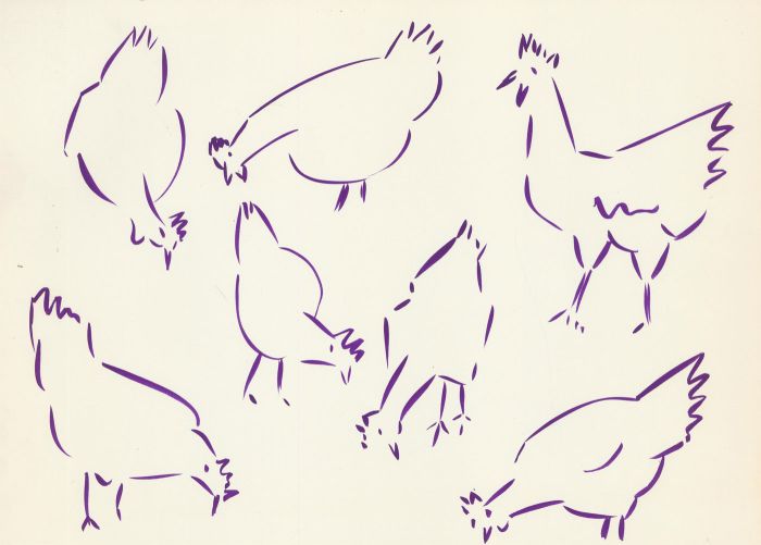 Arthur Mitson - Mid 20th Century Gouache, Purple Chickens