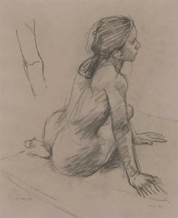 Clifford H. Thompson (1926-2017) - 1995 Charcoal Drawing, Nude Woman Sitting