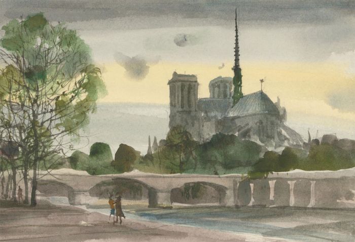 Ronald Olley (b.1923) - c. 2000 Watercolour, The Notre Dame After Rain